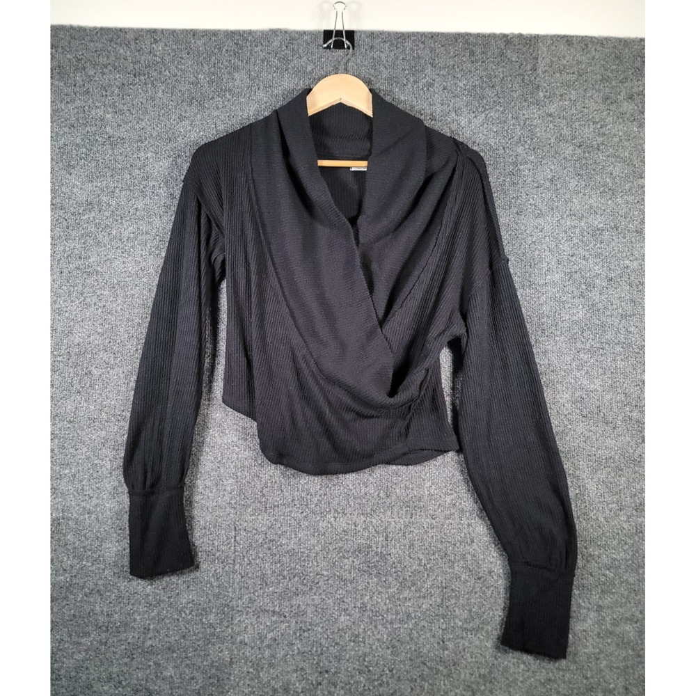 Free People Hold Me Close Super Soft Wrap Over Long Sleeve Scoop Top Small Black